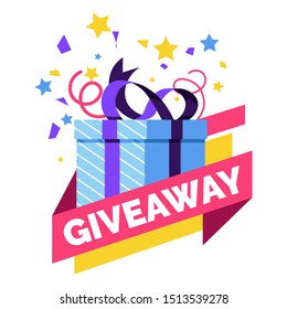 Giveaway and gift box, social media post or website isolated icon vector. Prize or free present, shopping special offer, competition winner award, online action. Internet site, container in wrapping