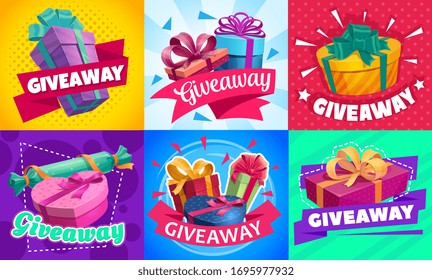 Giveaway gift boxes, promotion contest and competition free prizes, vector posters. Holidays and shopping giveaway gifts promo for wedding, Valentine day and Christmas