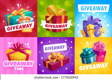 Giveaway gifts, competition winner prize, vector contest banner design. Giveaway free prize, presents and gift boxes with ribbons, quiz and social promo award, golden stars pattern background