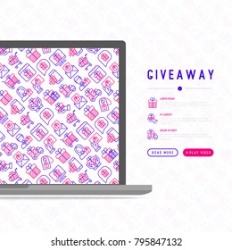 GIveaway or gifts concept with thin line icons set: present in hand, trolley, cart, truck, envelope. Modern vector illustration, web page template.