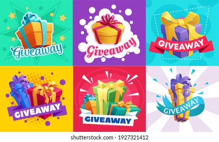 Giveaway gifts promotion, free prizes quiz and lottery with presents ad. Wrapped gift box, decorated with color ribbon bow surprise cartoon vector. Shop holiday sale, social network raffle offer