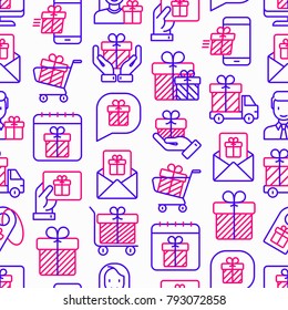 GIveaway or gifts seamless pattern with thin line icons: present in hand, trolley, cart, truck, envelope. Modern vector illustration.