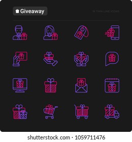 Giveaway or gifts thin line icons set: present in hand, trolley, cart, truck, envelope. Modern vector illustration for black theme.