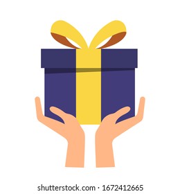 Giveaway. Hands hold gift box. Flat vector illustration.