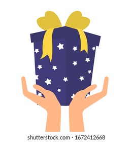 Giveaway. Hands hold gift box. Flat vector illustration.