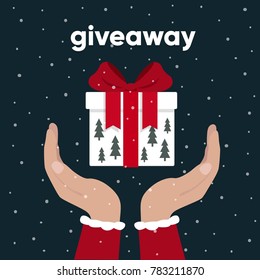 Giveaway. Hands hold gift box. Flat vector illustration. design template.