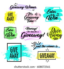 Giveaway handwritten in black brush ink lettering text, Give away time, enter to win, and the winner is and design elements, vector banner for social media contest, calligraphy style