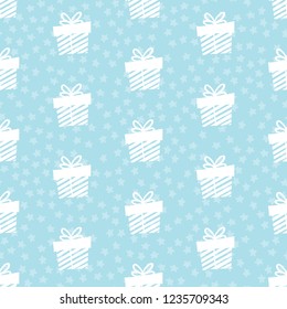 Giveaway holidays repeated pattern, present boxes illustration. Blue seamless gift pattern. Abstract wallpaper, wrapping paper print