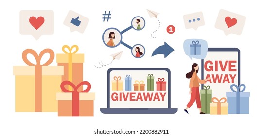 Giveaway icon set. Gift boxes. Social network promo, gift advertisement, surprise package, follower reward for like or repost concept. Vector flat illustration 