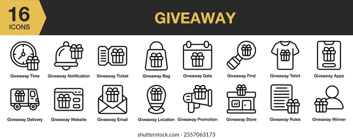 Giveaway icon set. Includes bag, find, tshirt, apps, promotion, rules, store, winner, and More. Outline icons vector collection.