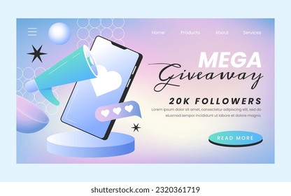 Giveaway landing page template design with megaphone and mobile phone. Attracting followers. Social media website for announcement, special event or internet advertising purple vector illustration.