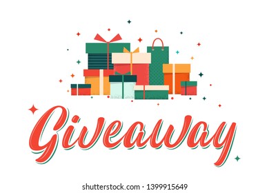 Giveaway lettering sign with gift boxes in coral and turquoise. Giveaway template for promotion in social network and blogs, for banner, poster, stories in business account. Promo vector illustration