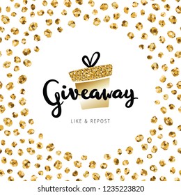 Giveaway lettering text on banner banner Christmas card. Golden gift box with calligraphy text "giveaway" in round frame of small gold circles. Confetti banner design for holidays giveaway