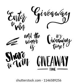 Giveaway Lettering text set. Typography for promotion in social media isolated on white background. Free gift raffle, win a freebies. Vector advertising.