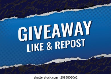 giveaway like and repost word vector illustration blue 3d style for social media landing page, template, ui, web, mobile app, poster, banner, flyer, background, gift card, coupon, label, wallpaper