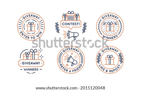 Giveaway logo, labels set. Giveaway, Contest, Surprise emblems template. Giveaway badges for social media, web design. Gift, Box, Prize, Loudspeaker icons. Trendy linear design. Vector illustration