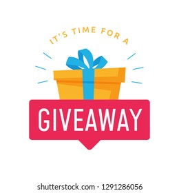 Giveaway logo template for social media post or website banner. Give away text with red label and gift box background vector design