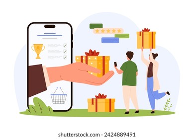 Giveaway, loyalty program advertising, contest for gift card and coupon for free delivery and discounts. Hand from mobile phone screen giving prize box to tiny people cartoon vector illustration