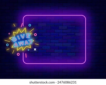 Giveaway neon advertising. Presents for membership. Empty purple frame and gift confetti. Shopping, follower bonus. Shiny flyer. Copy space. Editable stroke. Vector stock illustration