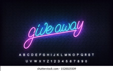 Giveaway neon lettering. Glowing billboard sign for social media marketing give away