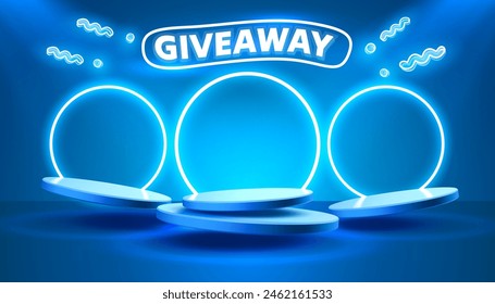 Giveaway neon podium, shop mega discount, special promo frame. Vector illustration