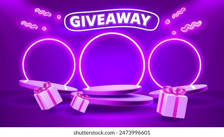 Giveaway neon podium, shop mega discount, special promo frame. Vector illustration