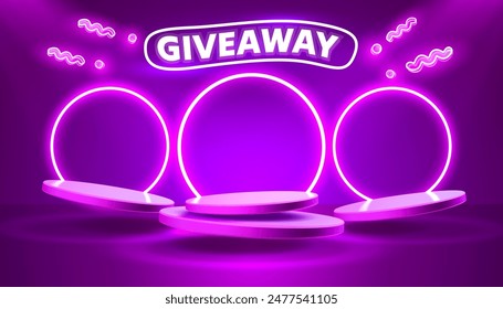 Giveaway neon podium, shop mega discount, special promo frame. Vector illustration