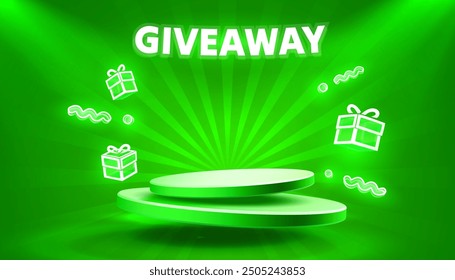 Giveaway neon podium, shop mega discount, special promo frame. Vector illustration