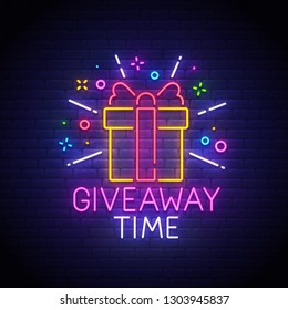 Giveaway Neon Sign, Bright Signboard, Light Banner. Giveaway Logo Neon, Emblem. Vector Illustration