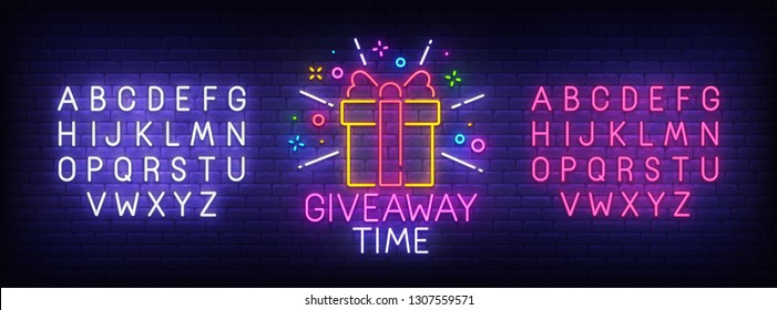 Giveaway neon sign, bright signboard, light banner. Giveaway logo, emblem and label. Neon sign creator. Neon text edit