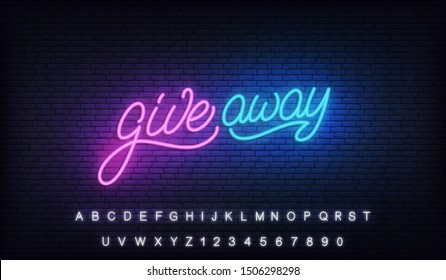 Giveaway neon sign. Glowing lettering billboard design for social media marketing give away