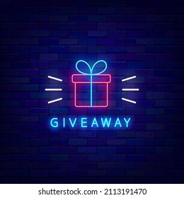 Giveaway neon sign. Shiny gift box. Social media marketing. Glowing greeting card with text. Laser signboard. Present on brick wall. Light phrase. Vector stock illustration