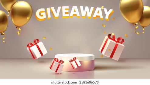 Giveaway podium, shop mega discount, special promo frame. Vector illustration