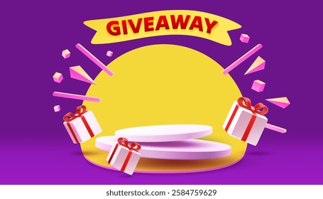 Giveaway podium, shop mega discount, special promo frame. Vector illustration
