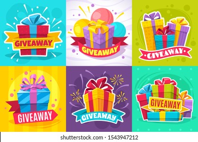 Giveaway post. Give away gift announcement, winner contest reward and christmas prize for social media posts and website vector flyers with square box and ribbon