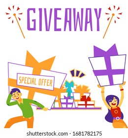 Giveaway poster with cartoon people holding gift boxes running away - special offer and discount sale promotion event flyer. Flat isolated vector illustration.