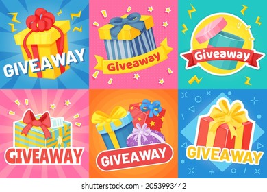 Giveaway poster with gift boxes, social media promo banner. Cartoon presents with ribbons, giveaways announcements banners vector set. Winner reward with confetti in competition or contest