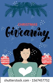 Giveaway poster with pretty girl and red gift boxes and christmas tree. Gift offer banner, giveaways post and gifts prize flyer. Quiz posters, contest announcement or media event post illustration
