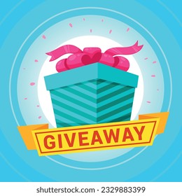 Giveaway poster social media contest announcement with gift box confetti isometric vector illustration. Free present giving marketing promotion reward prize cyberspace event advertising banner