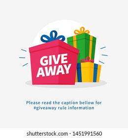 Giveaway Poster For Social Media Post Graphic Template. Many Gift Box Vector Illustration For Share Happiness Concept Design.