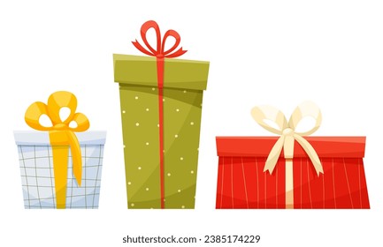 
Giveaway poster template. Gift boxes of three types of different sizes, colors and shapes. Wrapping present to celebrate Christmas, new year, wedding flat design element illustration. 