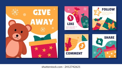 Giveaway posters set. Teddy bear near red box in wrapping gpaper. Christmas tree and presents. surprises. Social media covers. Cartoon flat vector collection isolated on blue background