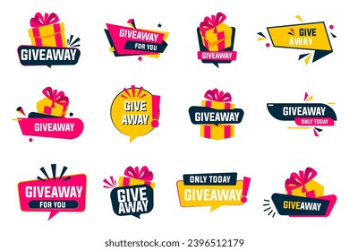 Giveaway present box badges in cartoon style. Opened surprise gift box with confetti. Mystery box prize, surprise package with giveaway lettering