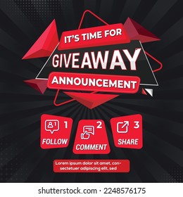 Giveaway quiz contest and announcement for social media feed. Vector template prize win competition with steps