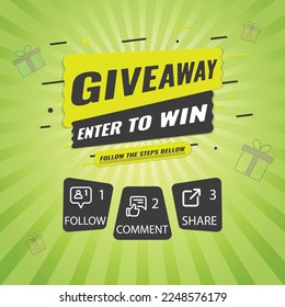 Giveaway quiz contest and announcement for social media feed. Vector template prize win competition with steps