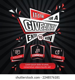 Giveaway quiz contest and announcement for social media feed. Vector template prize win competition with steps
