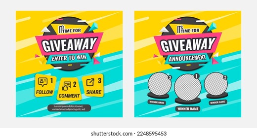 Giveaway quiz contest and announcement for social media feed. Vector template prize win competition with steps