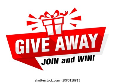 Giveaway red banner announcement of competition with present in social media. Vector sticker on transparent background