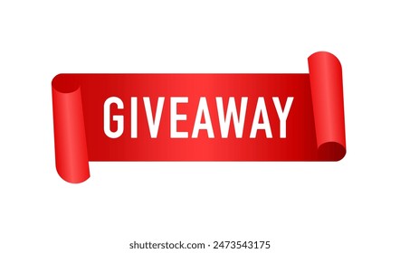 Giveaway red realistic curved paper banner. Sticker tag ribbon icon, label icon. Feed for publishing on social networks. Vector illustration