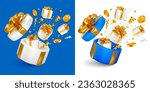 Giveaway, sale or win, birthday celebration concept. 3d realistic open gift box, gifts, coins and confetti fly out from it, like explosion, isolated on blue and white background. Vector illustration